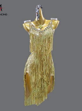 2025新款拉丁舞比赛花服金色亮片表演出服专业定制黑池艺考连衣裙