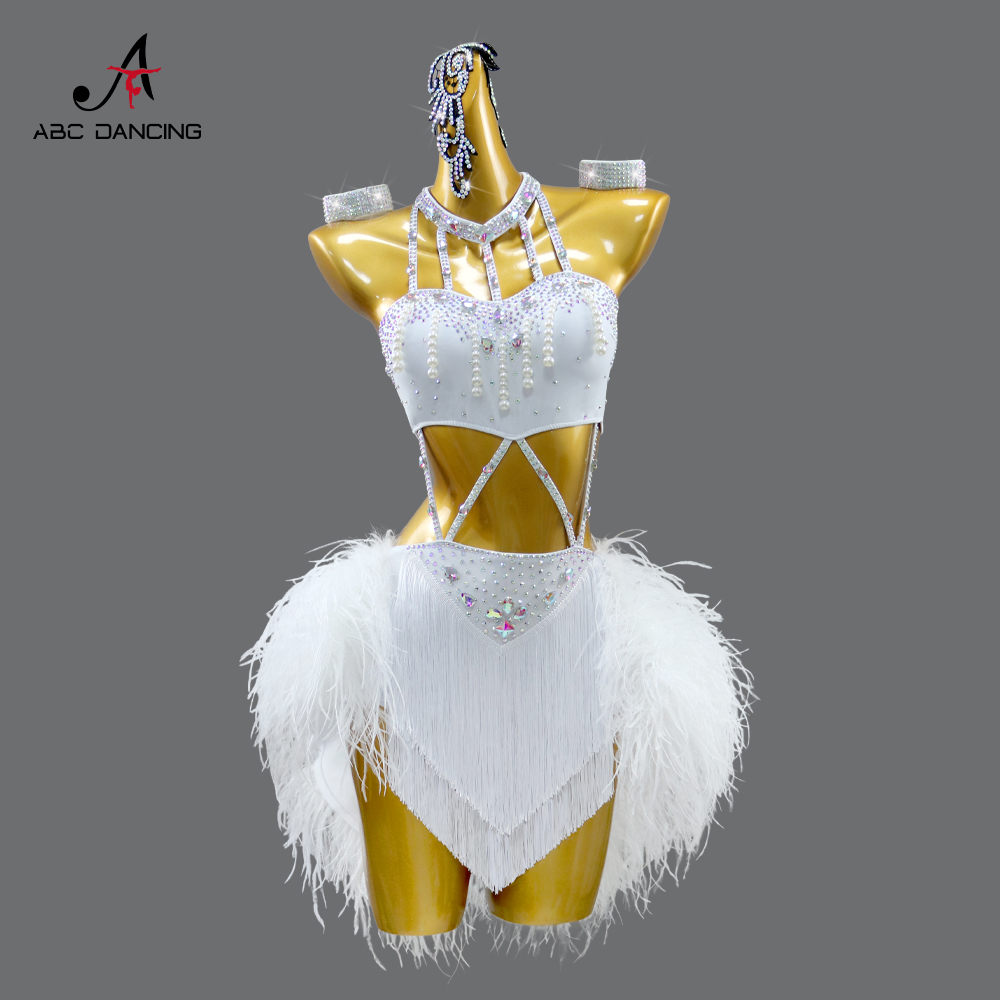ABCDancing专业白色羽毛拉丁舞裙