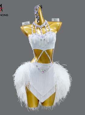 2025新款白色羽毛拉丁舞连衣裙高级黑池舞蹈比赛演出规定成人花服