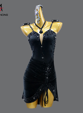 新款2025黑色拉丁舞比赛服装高级演出连衣裙专用黑池成人花服14岁