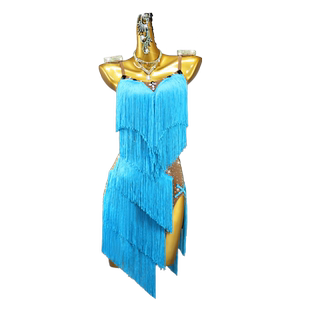 2026新款专业湖蓝拉丁舞比赛表演服装高级流苏连衣裙花服14岁黑池