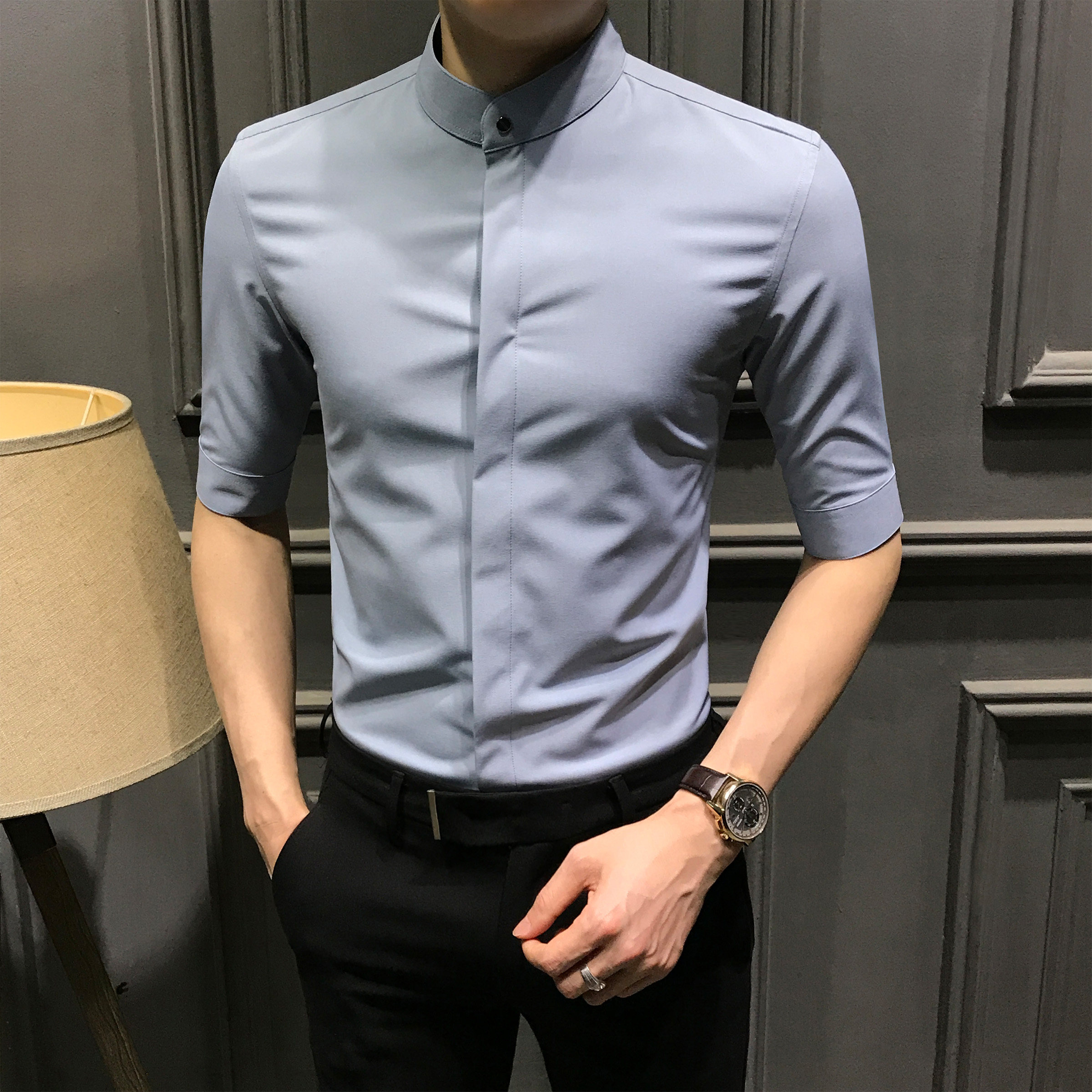 夏季新款立领中袖衬衫男