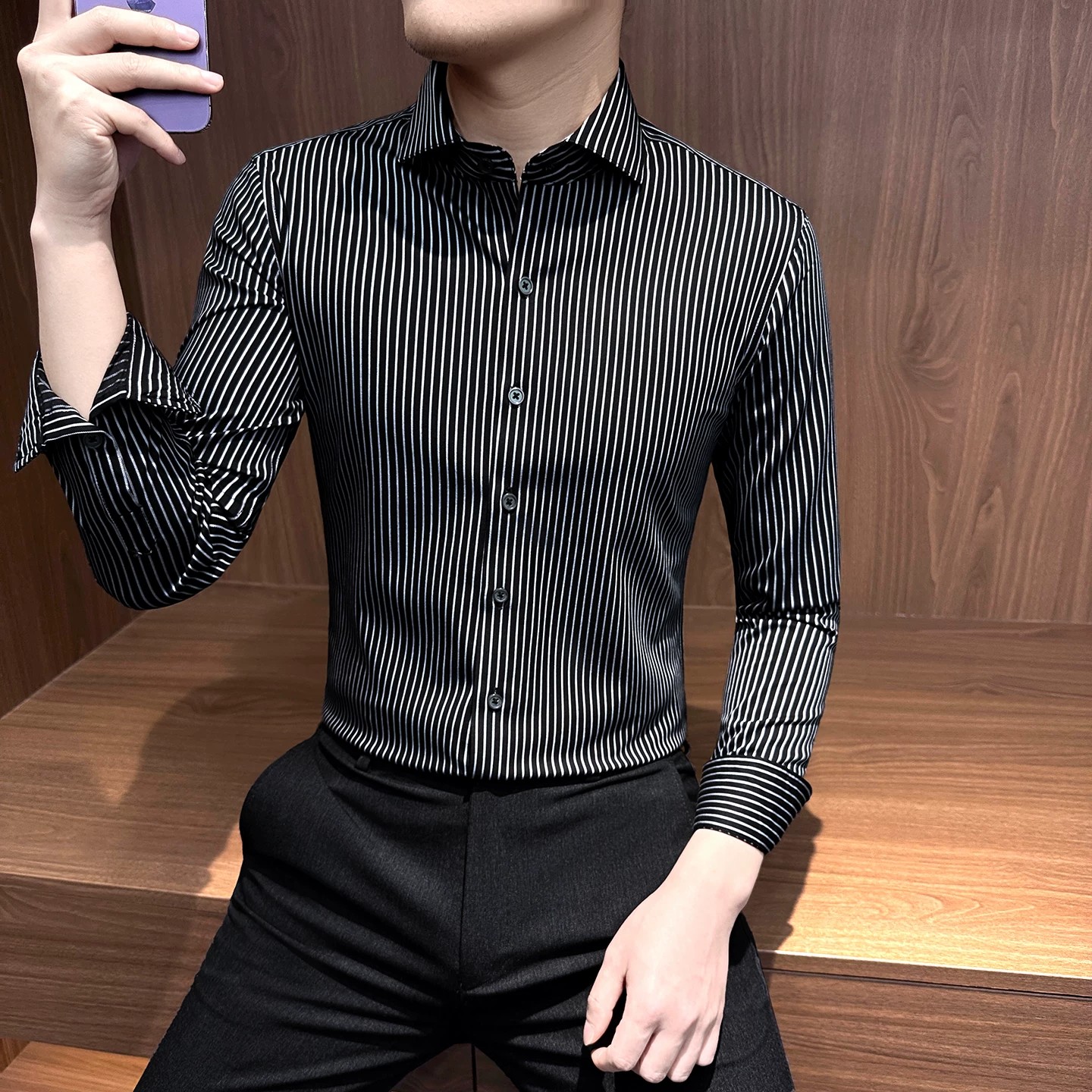 春季轻商务男士无痕条纹长袖衬衫