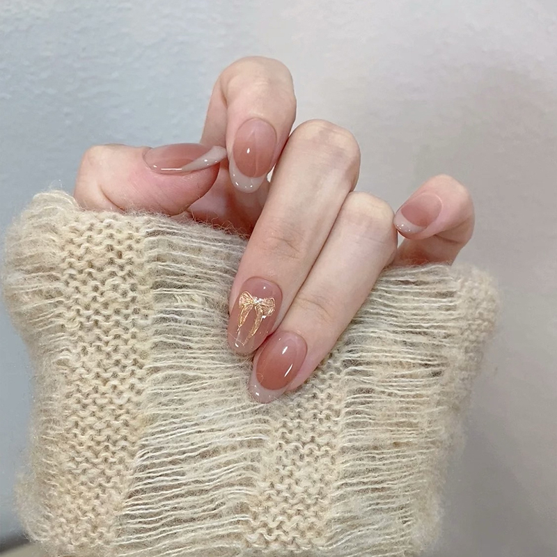 秋季新款手绘描金蝴蝶结法式美甲