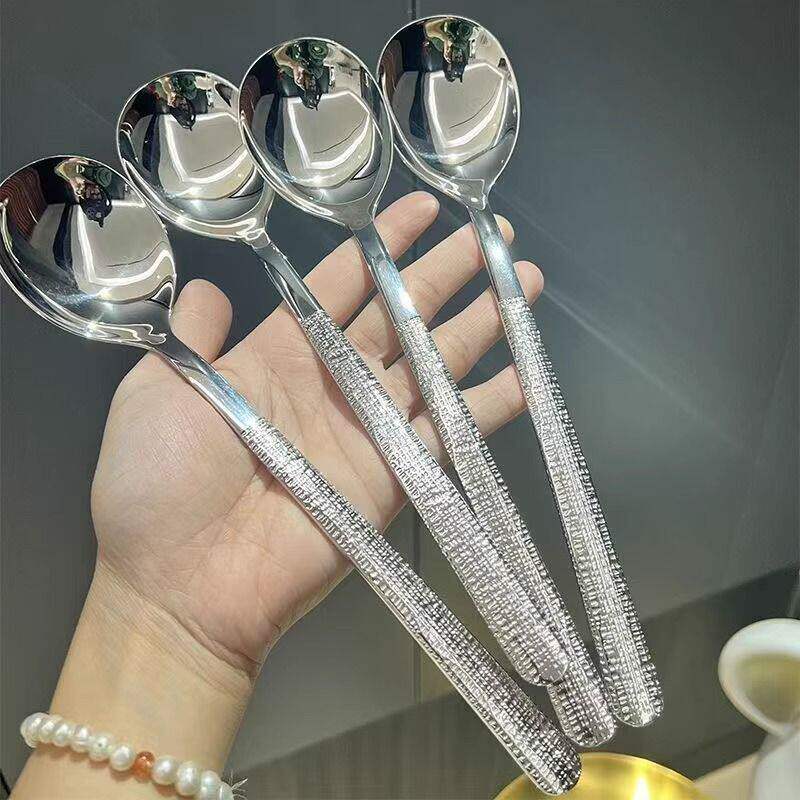 日式锤纹不锈钢汤勺家用圆头勺子调羹西餐韩式长柄吃饭汤匙加厚