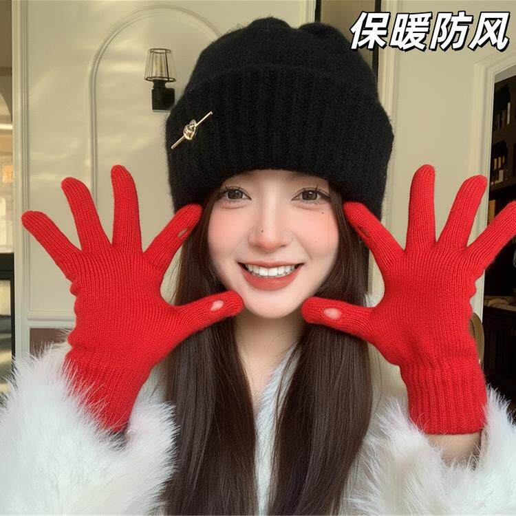 红色可爱防风针织毛线手套女士棉保暖防寒露指触屏御寒骑车女冬天
