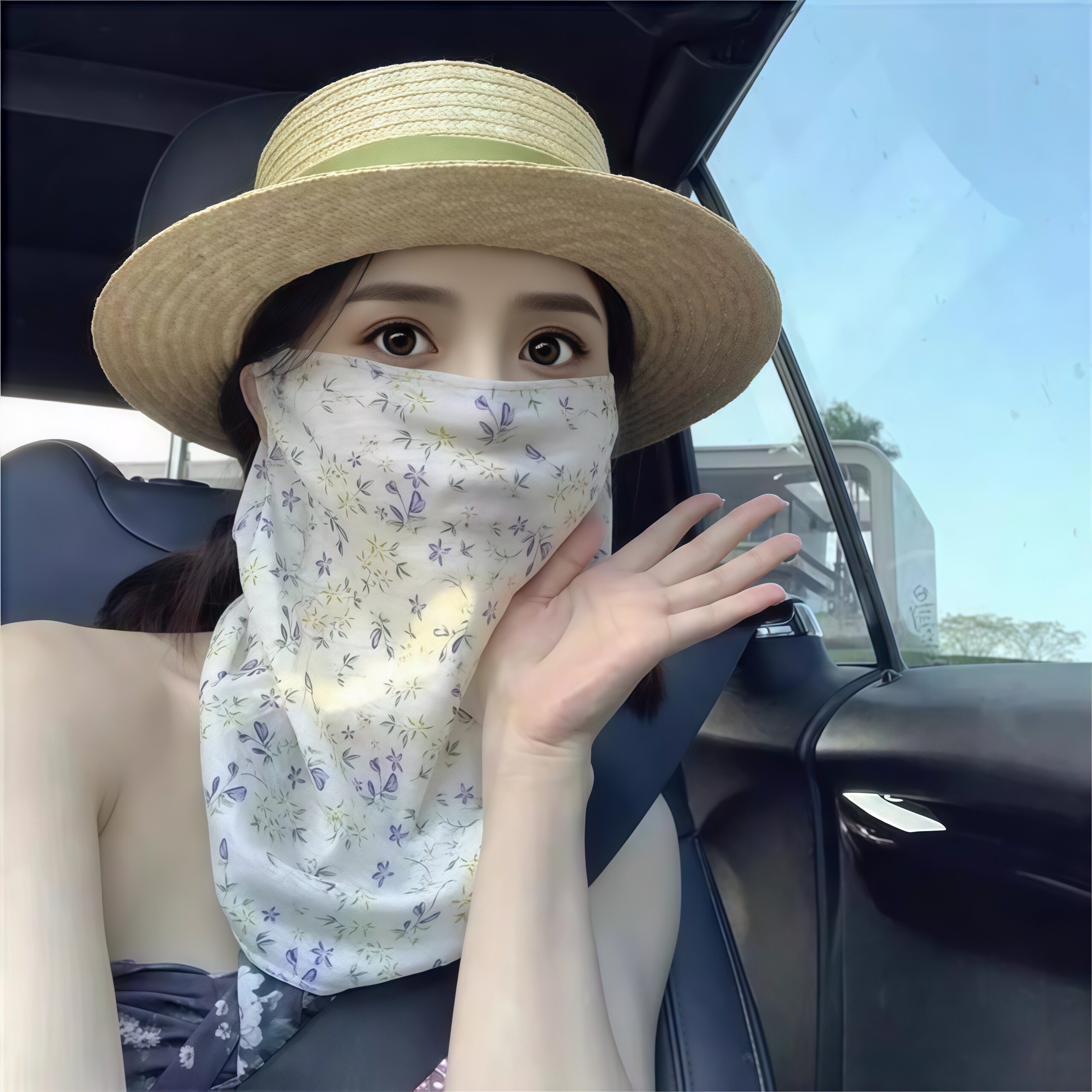 清新防晒面罩女夏日开车遮阳防紫外线护颈挂耳口罩骑车冰丝遮脖子