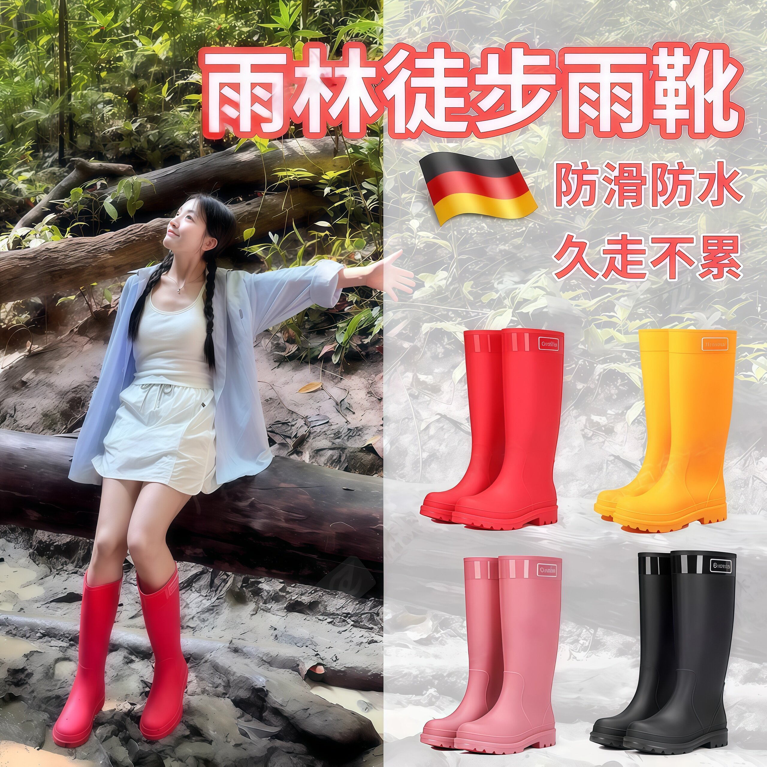 德国高筒雨鞋女雨林徒步雨靴时尚外穿成人水鞋防水户外基诺山水靴