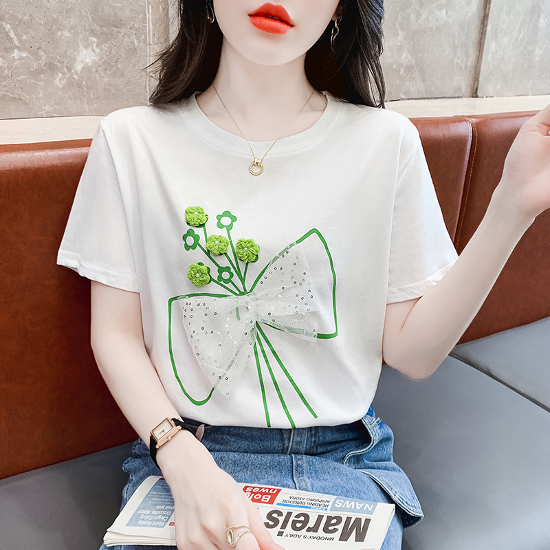 高级感立体花朵蝴蝶结短袖T恤女