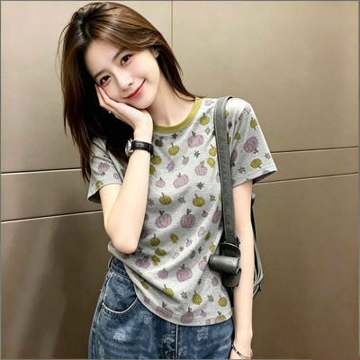 夏季撞色圆领纯棉短袖T恤女