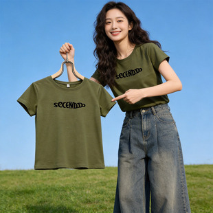 爆款纯棉军绿色短袖t恤女2026新款夏季字母印花上衣ins潮流体恤衫