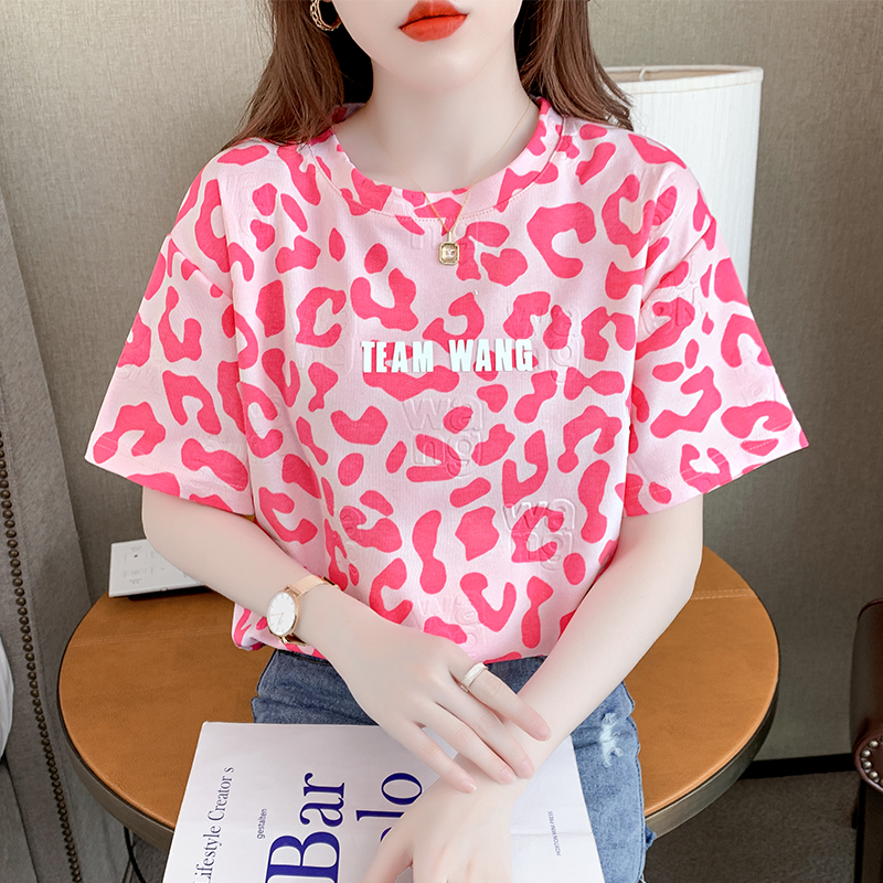 粉色豹纹短袖t恤女2025夏季新款女士纯棉体恤ins潮洋气别致上衣服