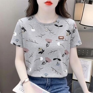 纯棉花朵印花正肩短袖t恤女夏季新款时尚减龄灰色高级感宽松上衣