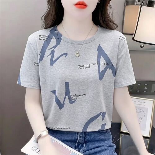夏季爆款灰色纯棉短袖T恤女2026新款夏天时尚穿搭字母印花上衣服