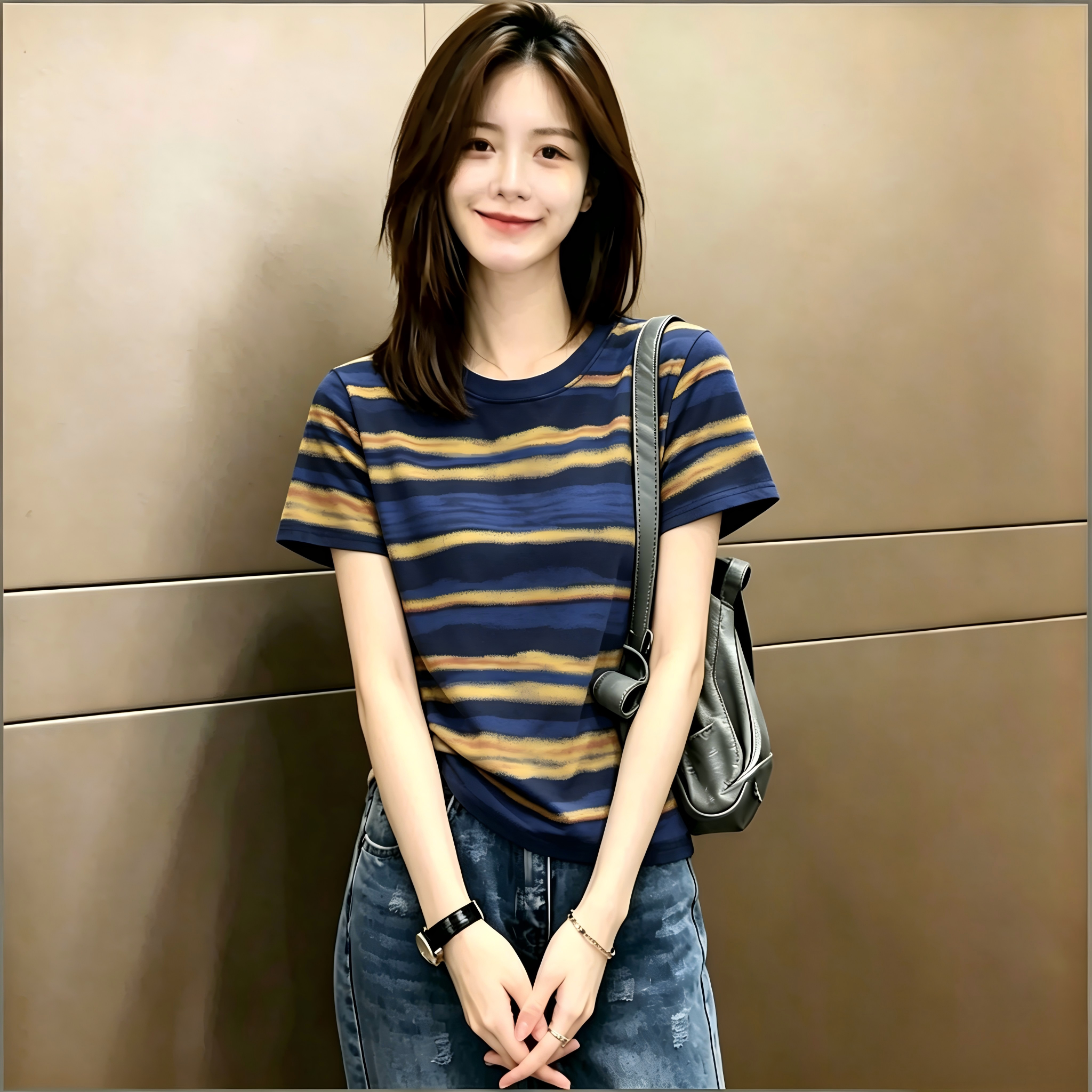 韩系休闲做旧复古撞色条纹短袖女夏季新款T恤衫ins小个子穿搭上衣
