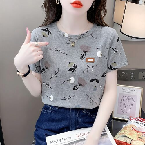 设计感小众满印花朵短袖T恤女