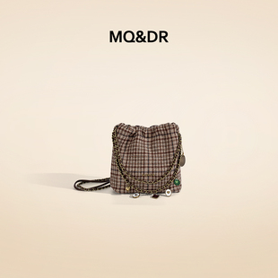 MQ&DR【可可甜茶】原创设计复古格纹毛呢链条腋下单肩斜挎水桶包