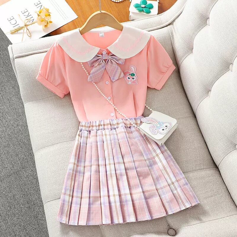 中小学生女童夏季新款时尚学院风制服jk两件套女孩夏装蝴蝶结套装