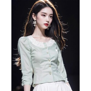 今年流行漂亮小衫法式超好看小香风法式掐腰浅绿色长袖上衣女秋季