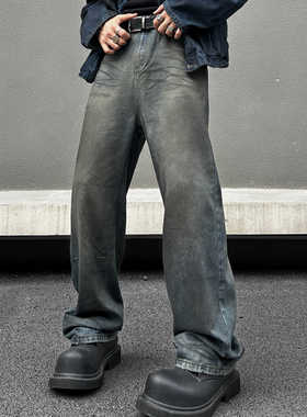 EXTM美式高街做旧重工水洗脏染dirtyfit牛仔裤潮牌宽松直筒休闲裤