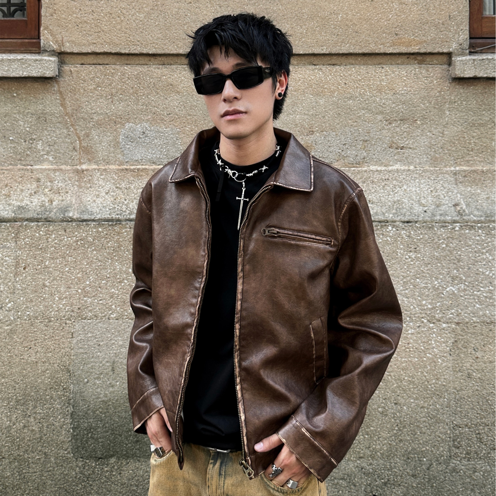 复古美拉德棕色PU皮衣