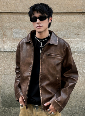 EXTM美式复古美拉德棕色PU皮衣外套男秋季潮牌痞帅底特律立领夹克
