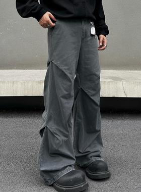 EXTM美式复古水洗做旧褶皱休闲工装裤男女潮牌宽松直筒设计长裤子