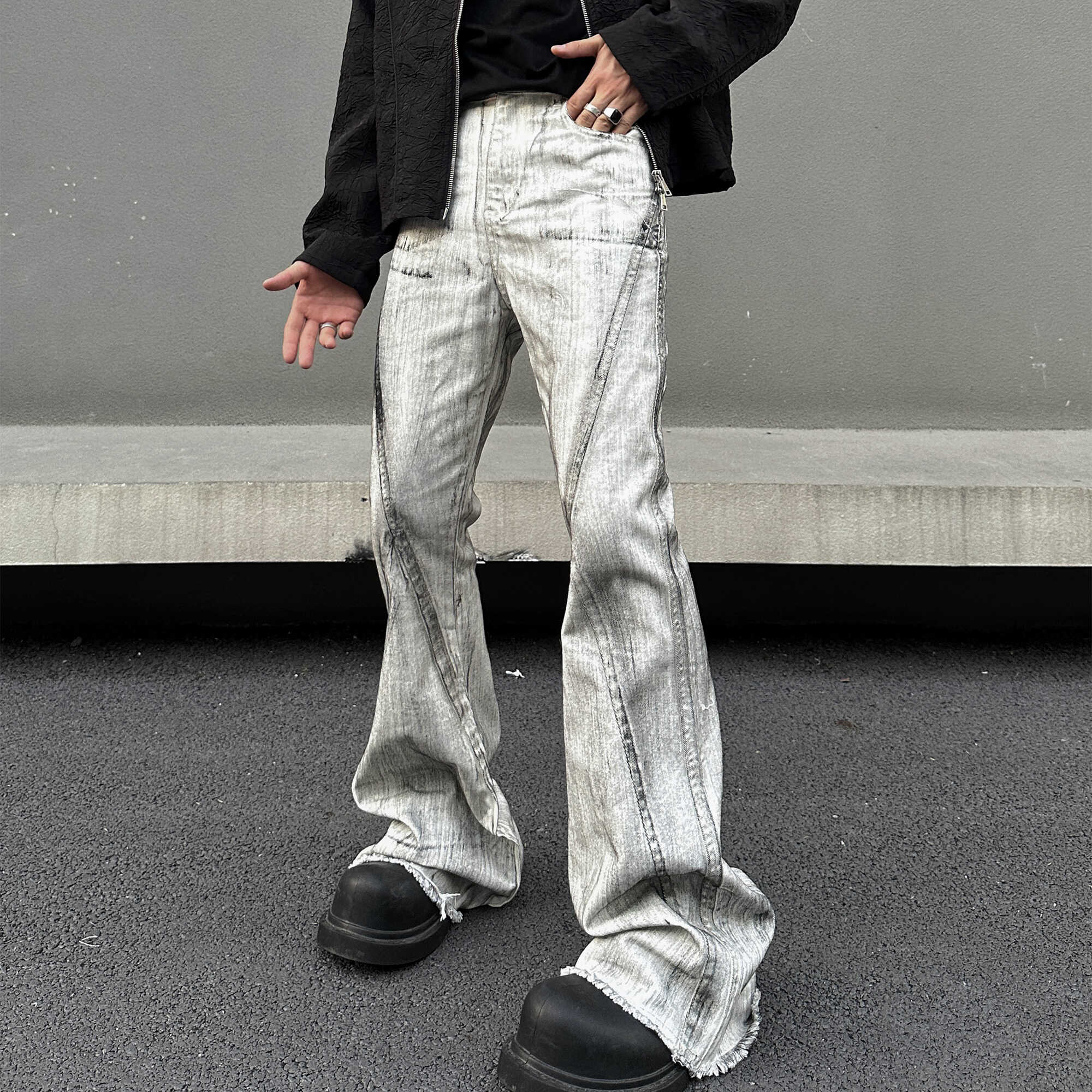 EXTM涂鸦渐变解构微喇叭牛仔裤