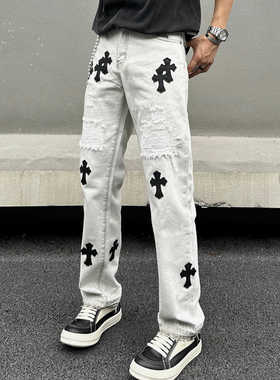 vibe风欧美高街刺绣十字架长裤牛仔裤男街头复古水洗嘻哈休闲长裤