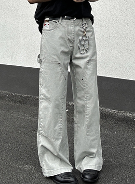 EXTM美式复古泼墨工装裤小众水洗直筒伐木裤休闲裤宽松男女牛仔裤