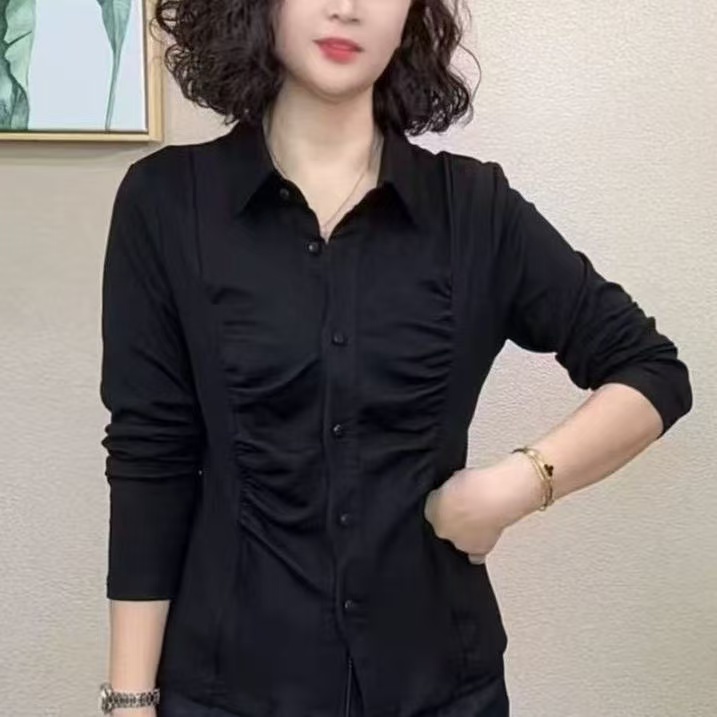 早秋新款爆款时尚褶皱设计感洋气减龄收腰显瘦遮肉长袖妈妈装上衣