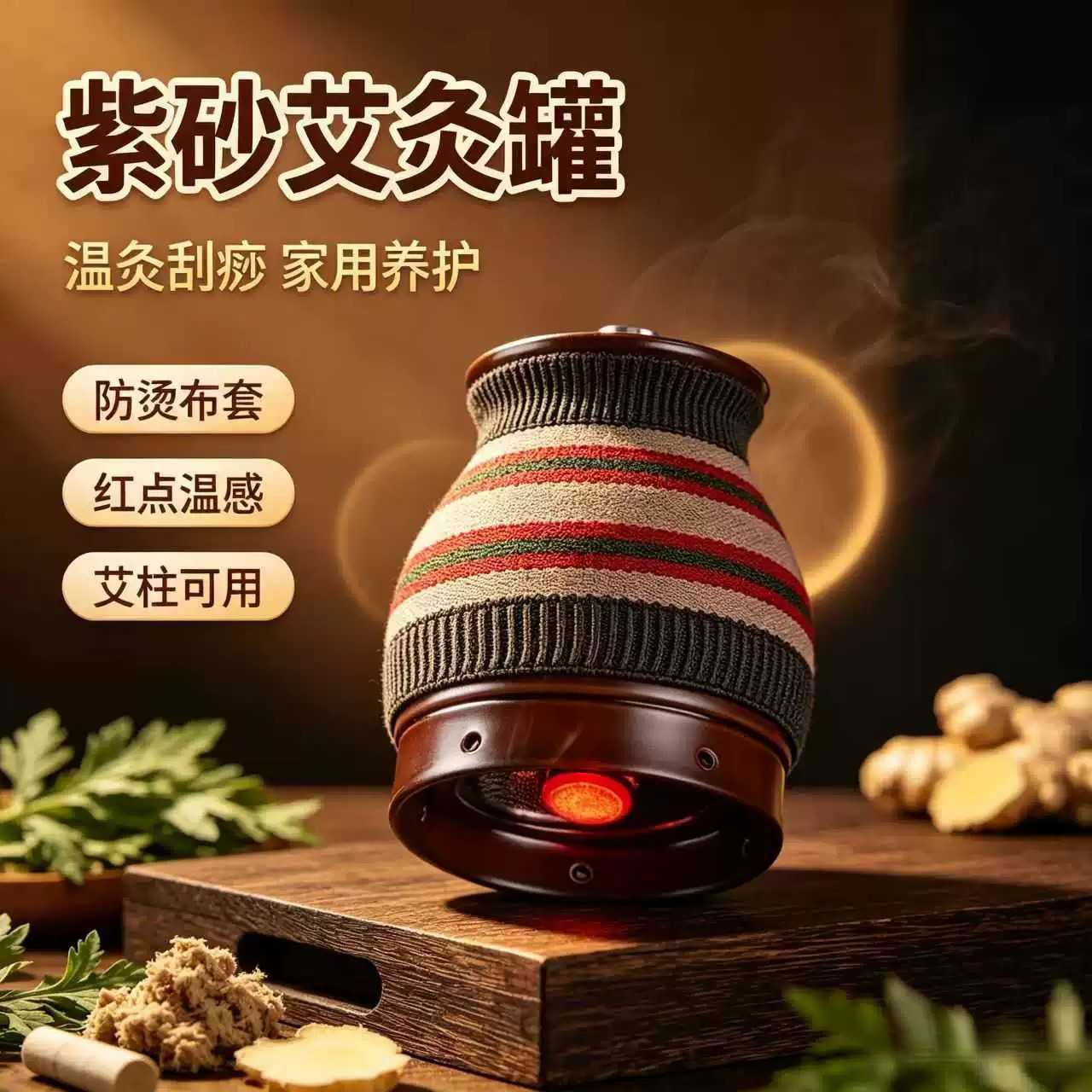 紫砂艾灸罐刮痧按摩多功能双层