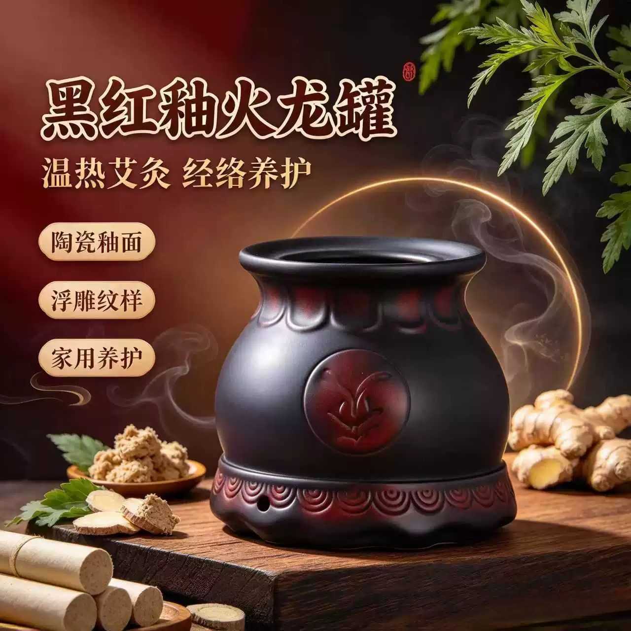 火龙罐红砭石艾灸罐双层莲花口