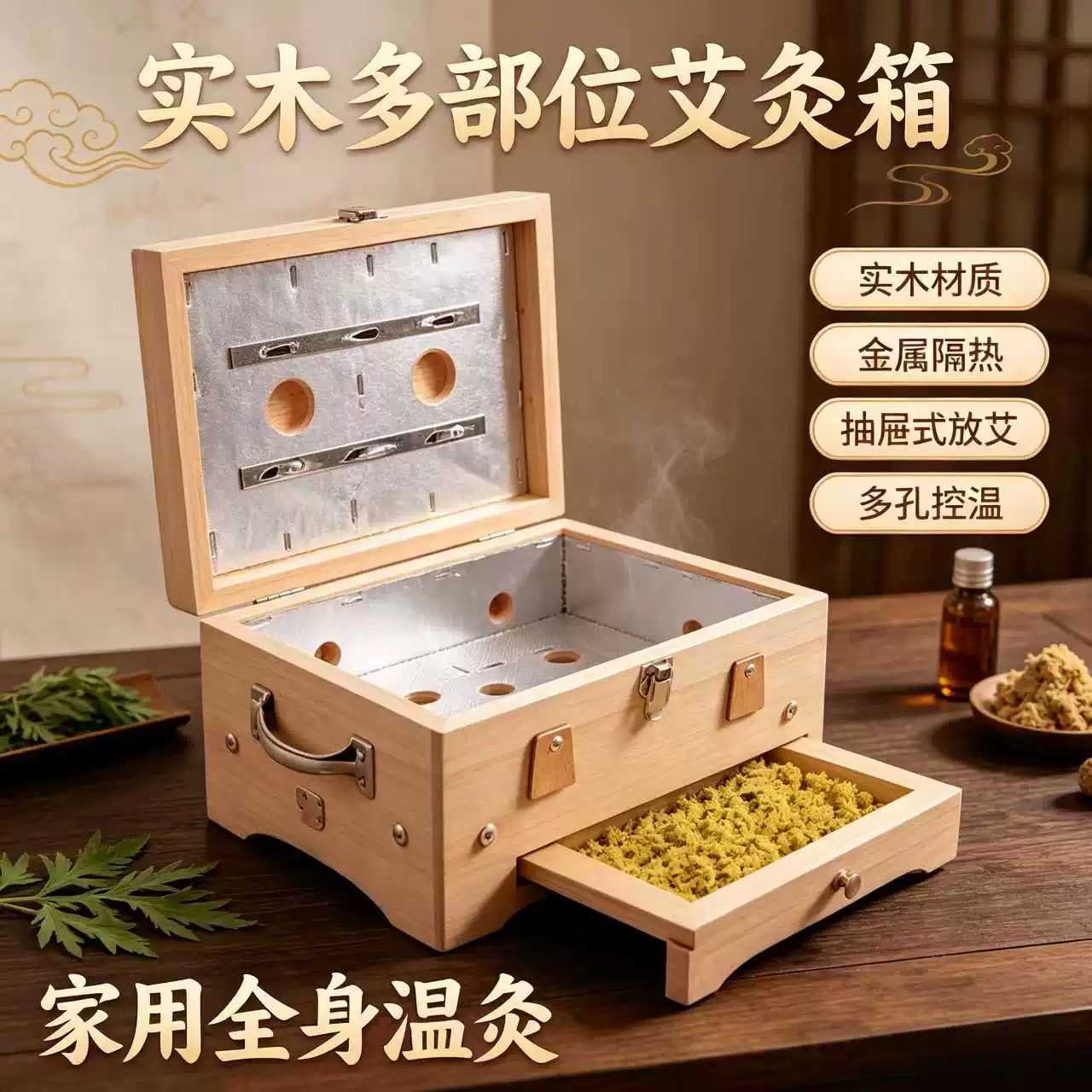 实木弧形翻盖艾灸盒|腰部背部