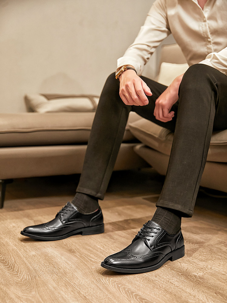 MENS BRITON BROGUE CARVED LEATHER SHOES LEATHER BROWN BUSINESS DRESS SHOES POINTED TOE WEDDING DERBY SHOES INSIDE HEIGHTENED