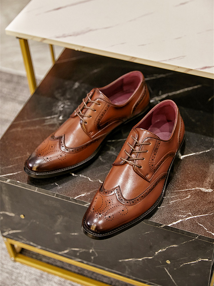 MENS BRITON BROGUE CARVED LEATHER SHOES LEATHER BROWN BUSINESS DRESS SHOES POINTED TOE WEDDING DERBY SHOES INSIDE HEIGHTENED