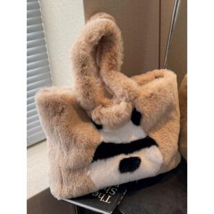 毛茸茸包包女2025秋冬新款熊猫毛毛手提包百搭通勤单肩毛绒托特包