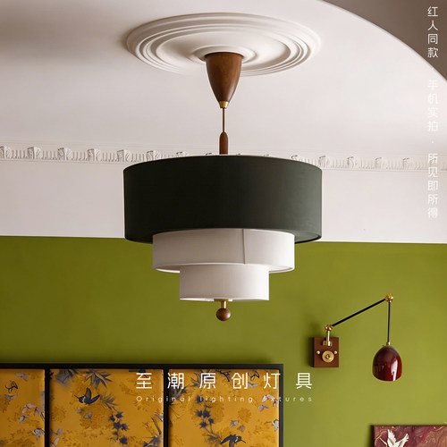 中古风简约圆形布艺铁艺餐厅吊灯