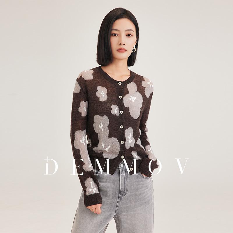 DEMMOV戴檬高端马海毛针织开衫女冬新款百搭碎花毛衣短款长袖