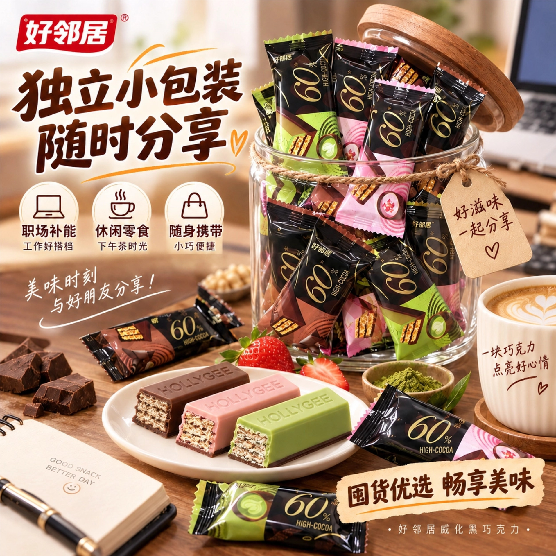 好邻居纯可可脂威化饼干巧克力味夹心饼干解馋小零食休闲小吃食品