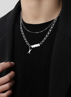 X字母钛钢项链男潮双层叠戴小众设计潮男士吊坠街头个性男生配饰