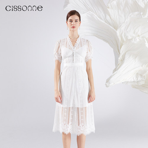CISSONNE赛颂蕾丝花朵白色连衣裙