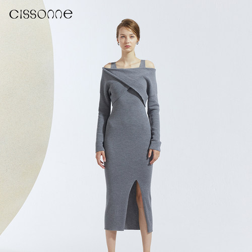 CISSONNE赛颂羊绒羊毛露肩连衣裙