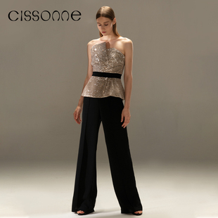 连体裤 CISSONNE赛颂女高腰抹胸假两件无袖 亮片拼接长款