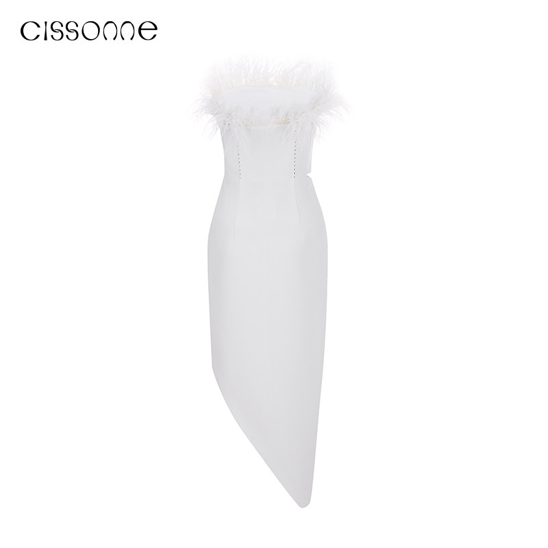 【博主同款】CISSONNE赛颂一字肩重工羽毛拼接抹胸露腰斜下摆礼服