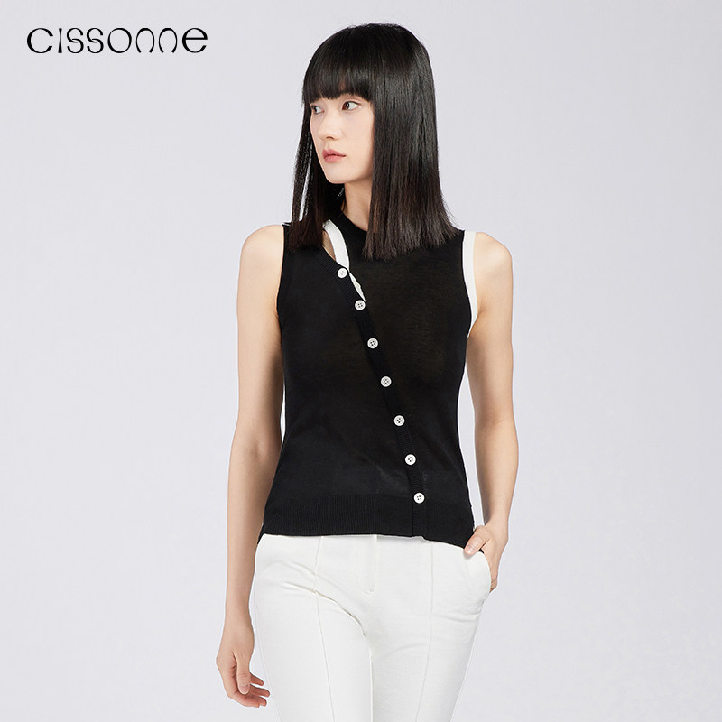 【做自己的光】CISSONNE赛颂背心女夏款无袖黑色显瘦镂空针织衫