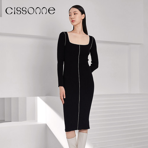CISSONNE赛颂方领针织连衣裙
