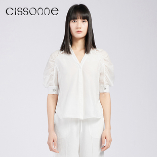 衬衫 CISSONNE赛颂短袖 不对称V领开叉系带衬衣女 博主同款