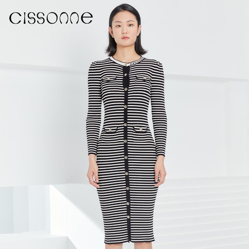CISSONNE/赛颂修身条纹连衣裙