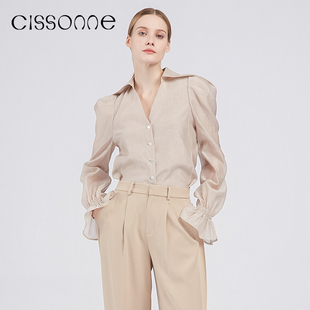 CISSONNE赛颂衬衫 纯色衬衣 减龄飞燕领甜美温柔泡泡袖 新款